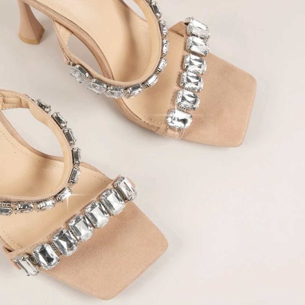 Beige Suede Rhinestone Heels